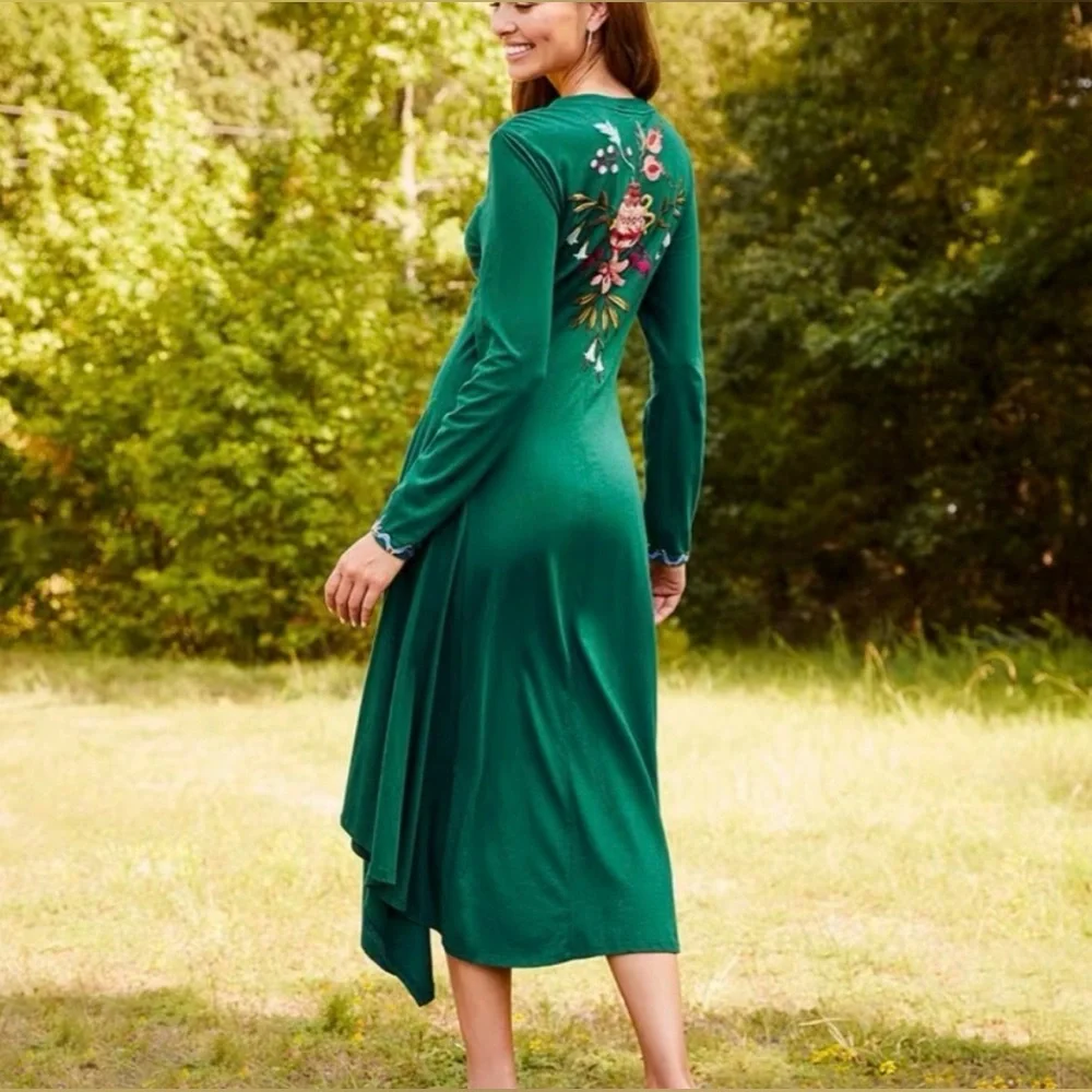 Johnny Was Amarylla Handkerchief Green Floral Embroidered Midi Dress - Medium - Picture 3 of 12